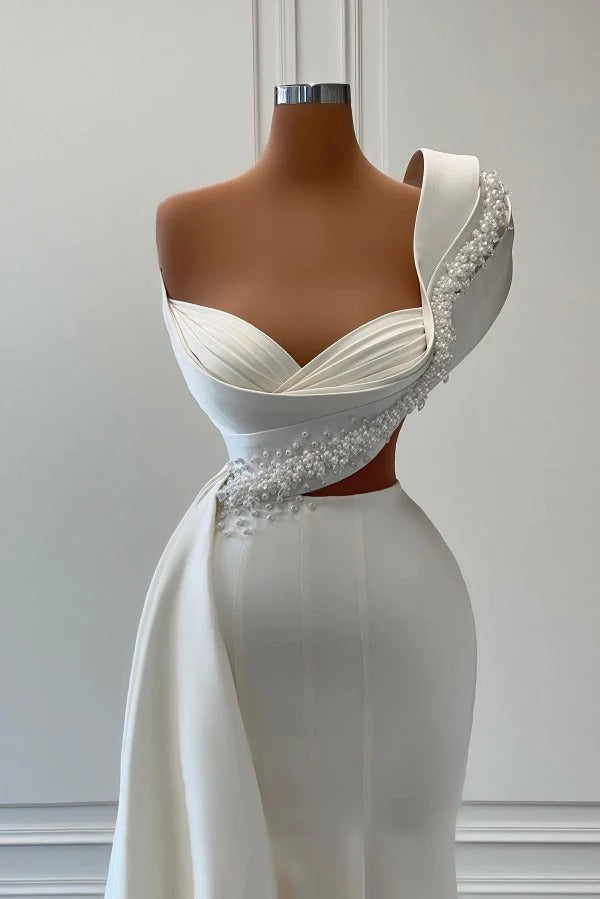 Long Mermaid One Shoulder Beaded Sleeveless Satin Prom Dress with With Side Train-showprettydress