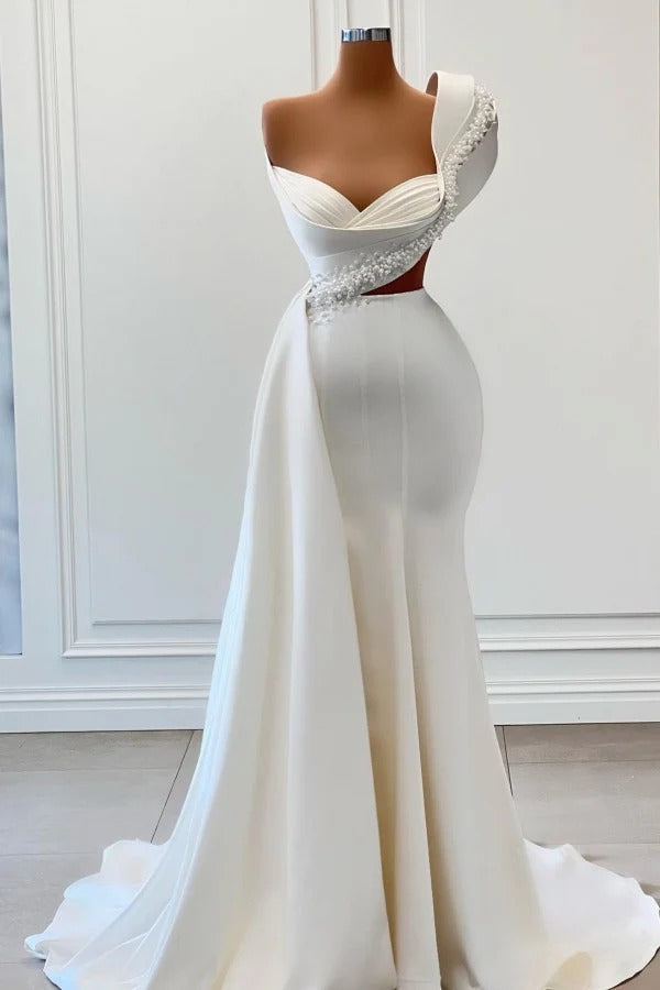 Long Mermaid One Shoulder Beaded Sleeveless Satin Prom Dress with With Side Train-showprettydress