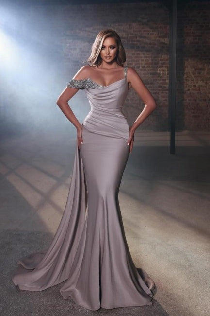 Long Mermaid One Shoulder Glitter Satin Formal Prom Dresses-showprettydress