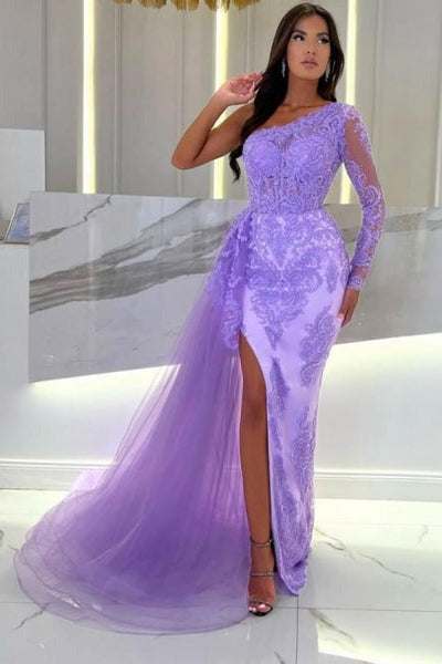 Long Mermaid One Shoulder Slit Front Tulle Lace Evening Prom Dress with Sleeves-showprettydress