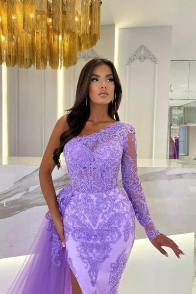 Long Mermaid One Shoulder Slit Front Tulle Lace Evening Prom Dress with Sleeves-showprettydress