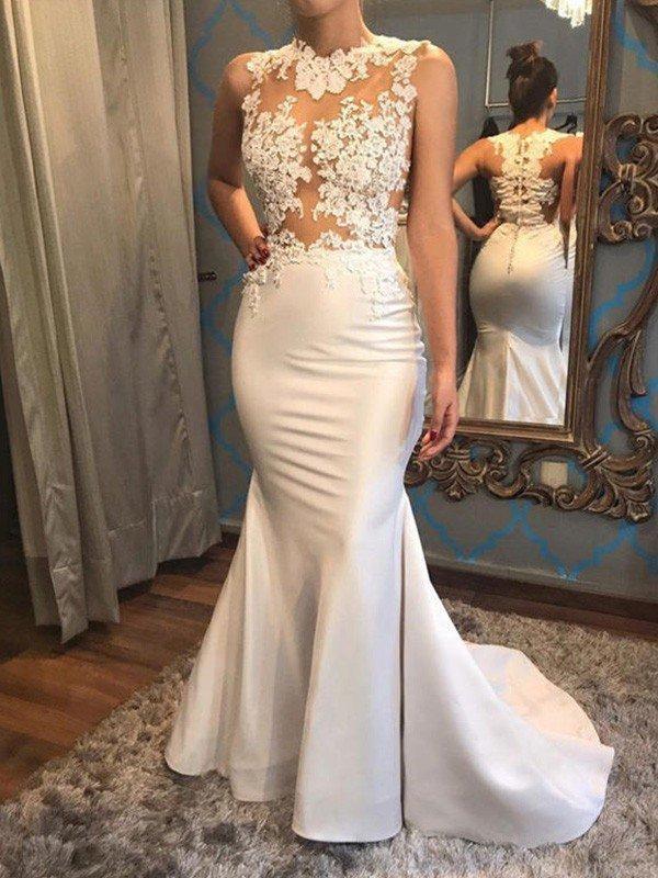 Long Mermaid Satin Applique Lace Court Train Wedding Dresses-showprettydress