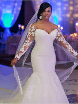 Long Mermaid Scoop Neck Court Train Organza Wedding Dresses with Sleeves-showprettydress