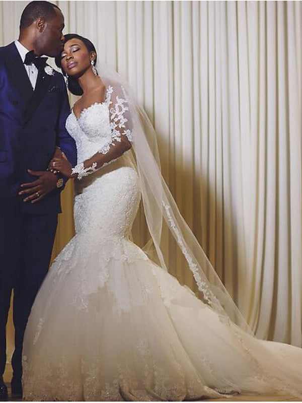 Long Mermaid Scoop Neck Court Train Organza Wedding Dresses with Sleeves-showprettydress