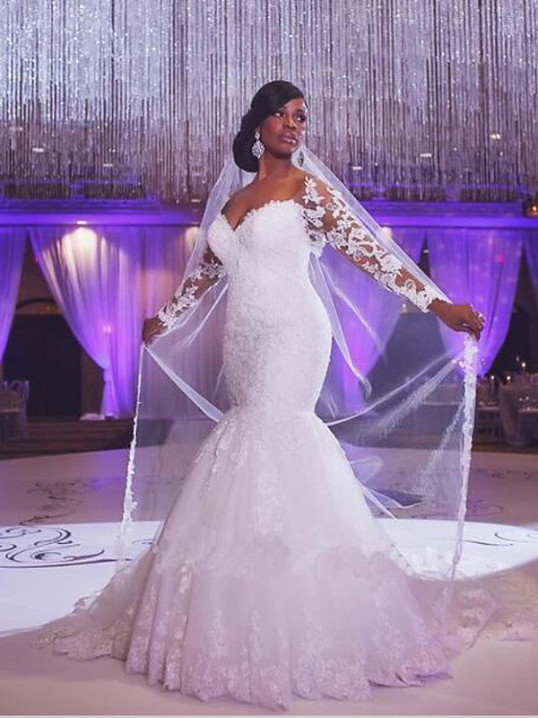 Long Mermaid Scoop Neck Court Train Organza Wedding Dresses with Sleeves-showprettydress