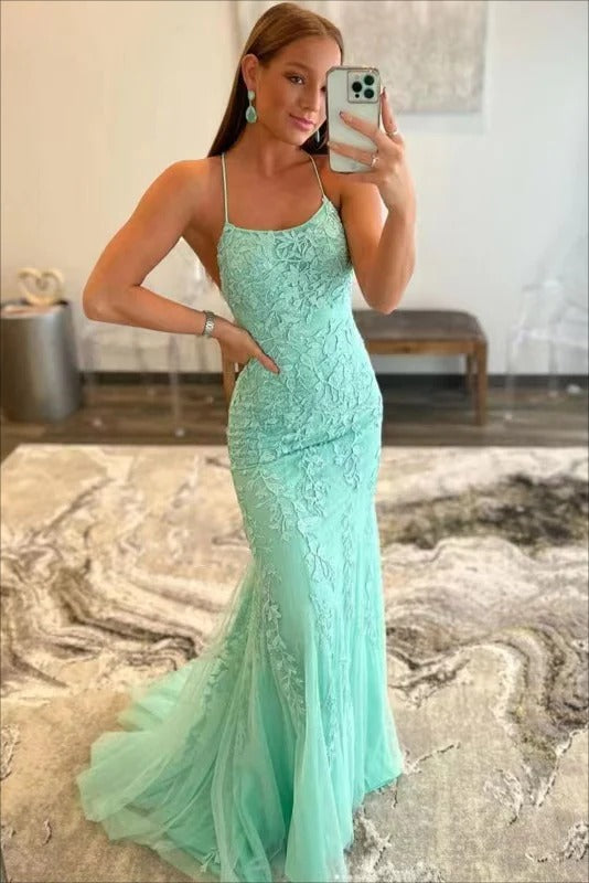 Long Mermaid Spaghetti Strap Appliques Lace Open Back Prom Dress-showprettydress