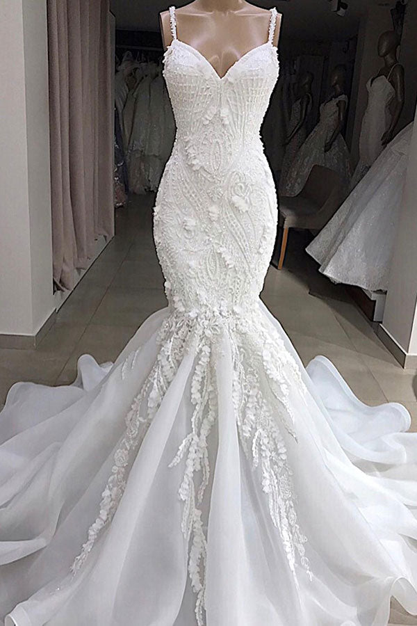 Long Mermaid Spaghetti Strap Appliques Lace Wedding Dress-showprettydress