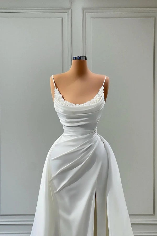 Long Mermaid Spaghetti Strap Sleeveless High Split Prom Dress With Side Train-showprettydress