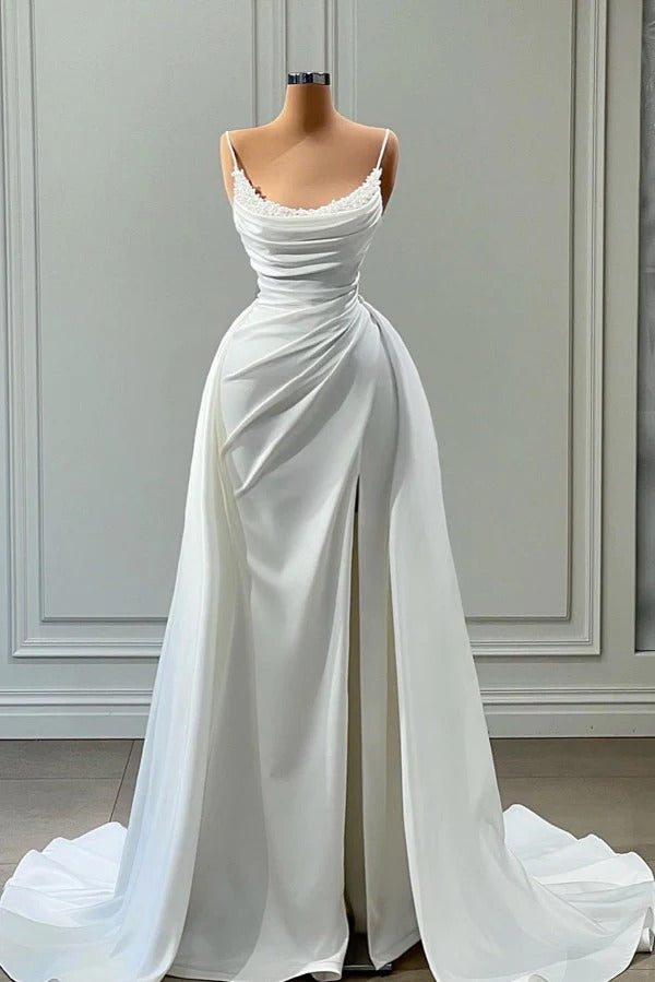 Long Mermaid Spaghetti Strap Sleeveless High Split Prom Dress With Side Train-showprettydress