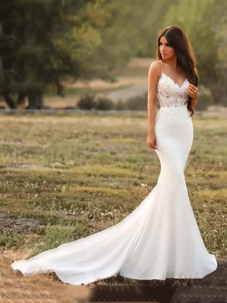 Long Mermaid Spaghetti Strap V Neck Satin Lace Wedding Dresses-showprettydress