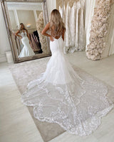 Long Mermaid Spaghetti Straps Satin Lace Backless Wedding Dress-showprettydress