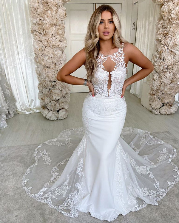 Long Mermaid Spaghetti Straps Satin Lace Backless Wedding Dress-showprettydress