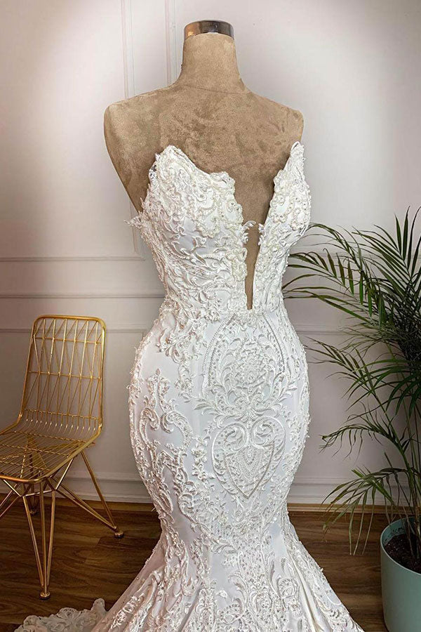 Long Mermaid Strapless Appliques Lace Satin Wedding Dress-showprettydress
