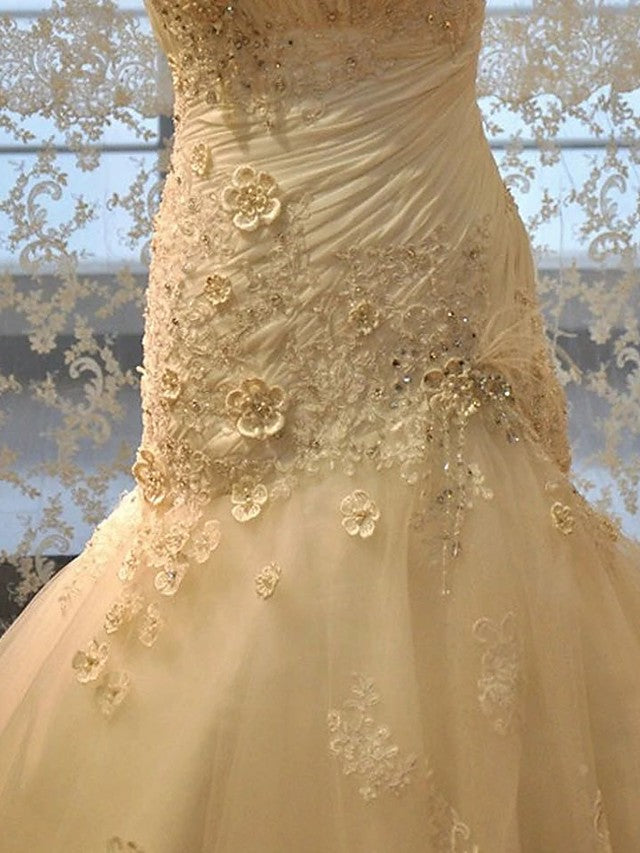 Long Mermaid Strapless Court Train Lace Organza Wedding Dresses-showprettydress