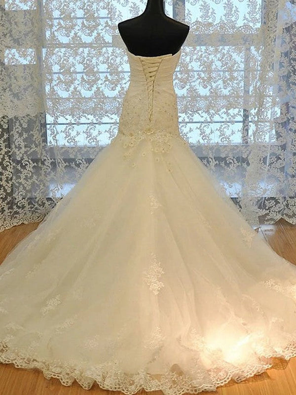 Long Mermaid Strapless Court Train Lace Organza Wedding Dresses-showprettydress