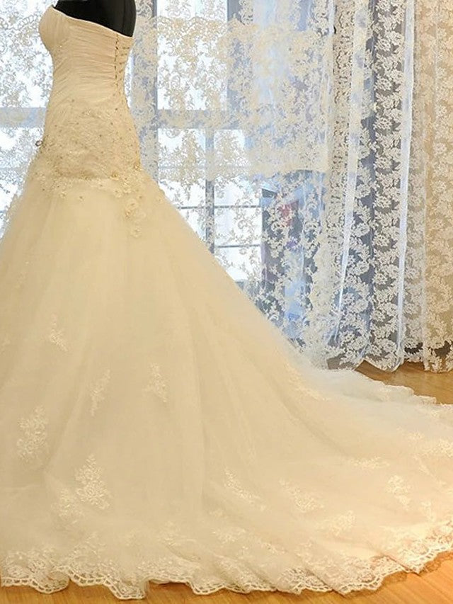 Long Mermaid Strapless Court Train Lace Organza Wedding Dresses-showprettydress