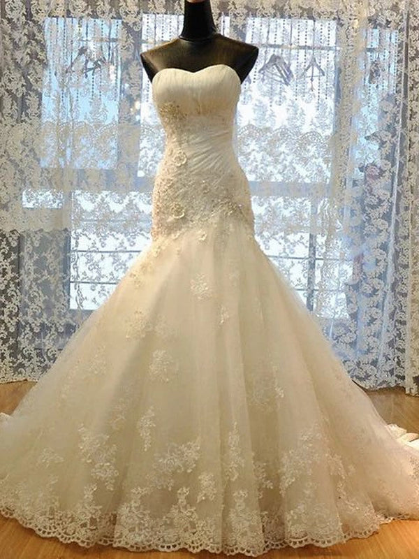 Long Mermaid Strapless Court Train Lace Organza Wedding Dresses-showprettydress