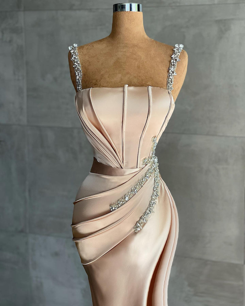 Long Mermaid Straps Beadings Prom Dress with Slit-showprettydress