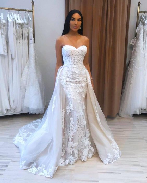Long Mermaid Sweetheart Appliques Lace Tulle Wedding Dress-showprettydress