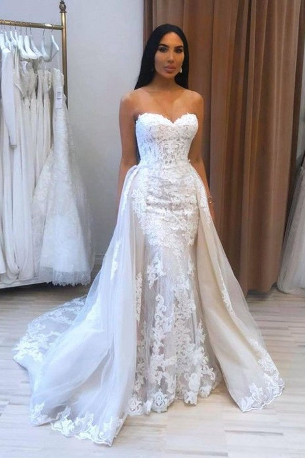Long Mermaid Sweetheart Appliques Lace Tulle Wedding Dress-showprettydress