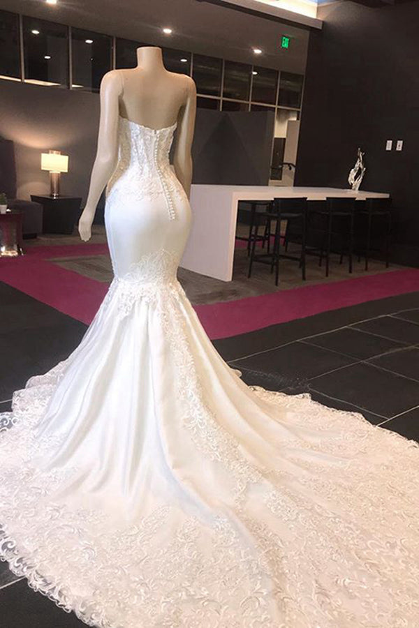 Long Mermaid Sweetheart Appliques Lace Wedding Dress-showprettydress