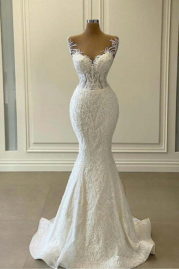 Long Mermaid Sweetheart Appliques Lace Wedding Dress With Detachable Train-showprettydress