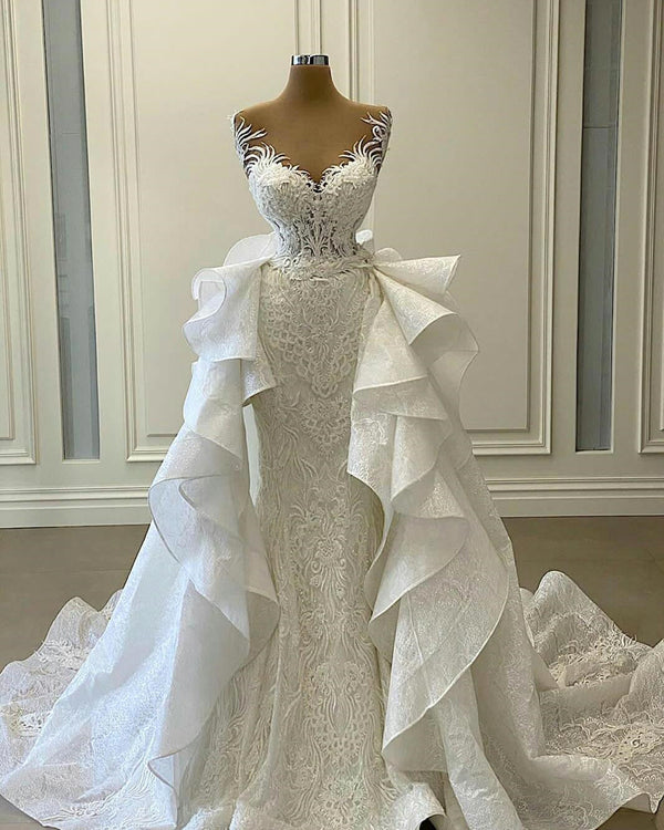 Long Mermaid Sweetheart Appliques Lace Wedding Dress With Detachable Train-showprettydress