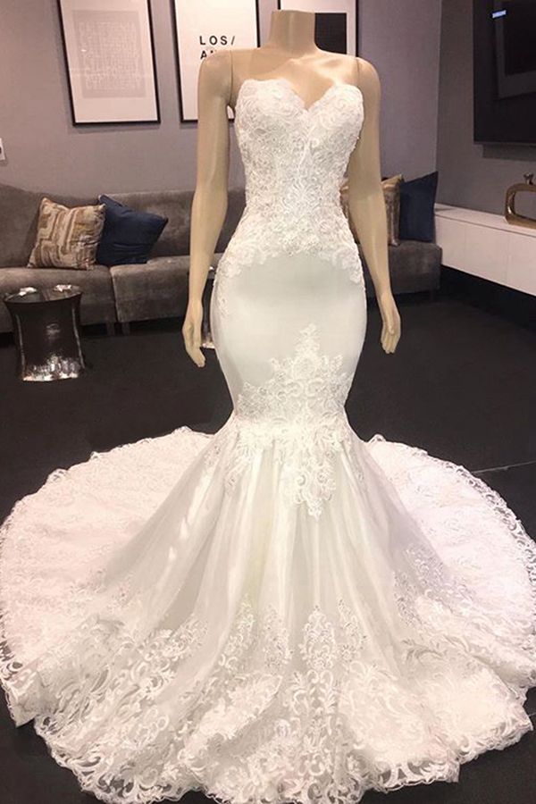 Long Mermaid Sweetheart Appliques Lace Wedding Dress-showprettydress