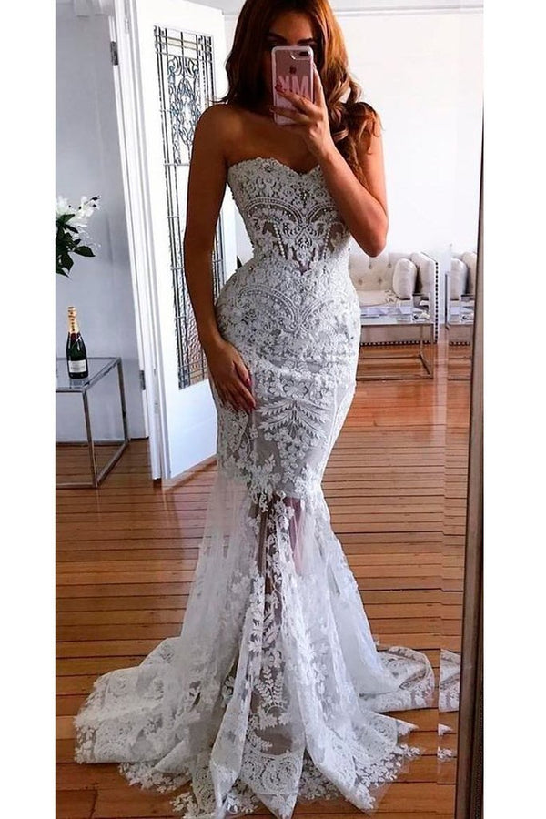 Long Mermaid Sweetheart Lace Appliques See through Wedding Dress-showprettydress
