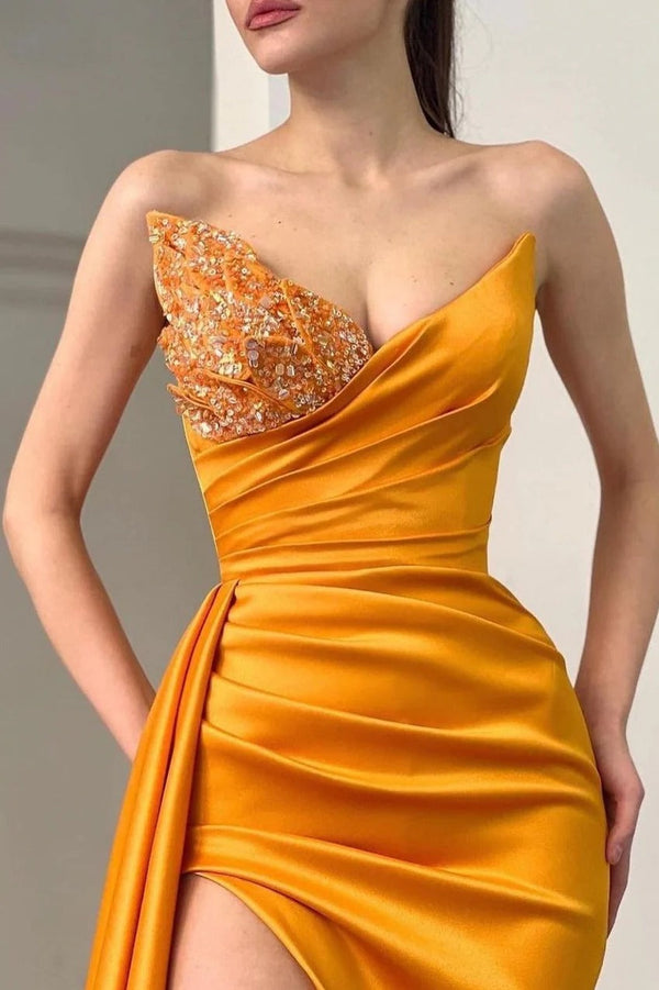Long Mermaid Sweetheart Orange Half-beaded Satin Front Slit Prom Dress With Half Train-showprettydress