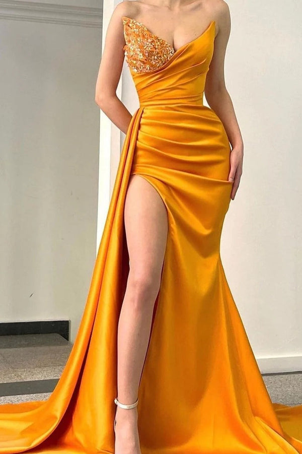 Long Mermaid Sweetheart Orange Half-beaded Satin Front Slit Prom Dress With Half Train-showprettydress