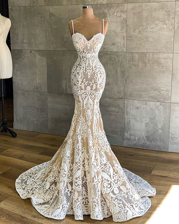 Long Mermaid Sweetheart Spaghetti Straps Appliques Lace Wedding Dress-showprettydress