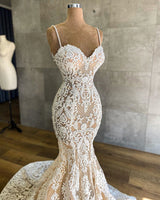 Long Mermaid Sweetheart Spaghetti Straps Appliques Lace Wedding Dress-showprettydress