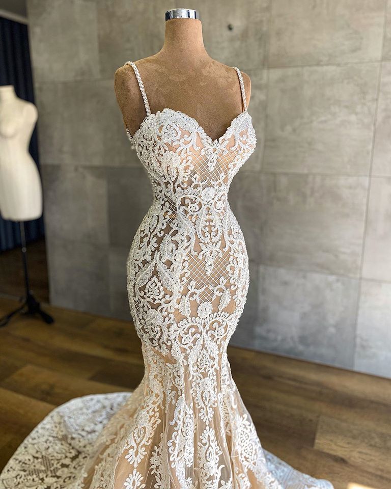 Long Mermaid Sweetheart Spaghetti Straps Appliques Lace Wedding Dress-showprettydress