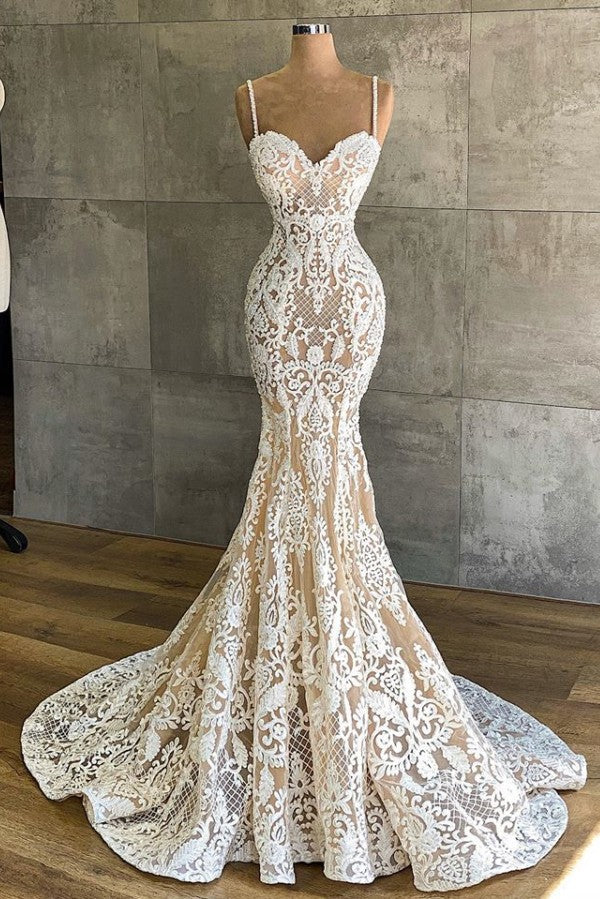 Long Mermaid Sweetheart Spaghetti Straps Appliques Lace Wedding Dress-showprettydress