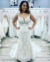 Long Mermaid Sweetheart Spaghetti Straps Open Back Appliques Lace Wedding Dress-showprettydress