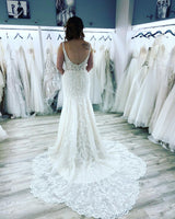 Long Mermaid Sweetheart Spaghetti Straps Open Back Appliques Lace Wedding Dress-showprettydress