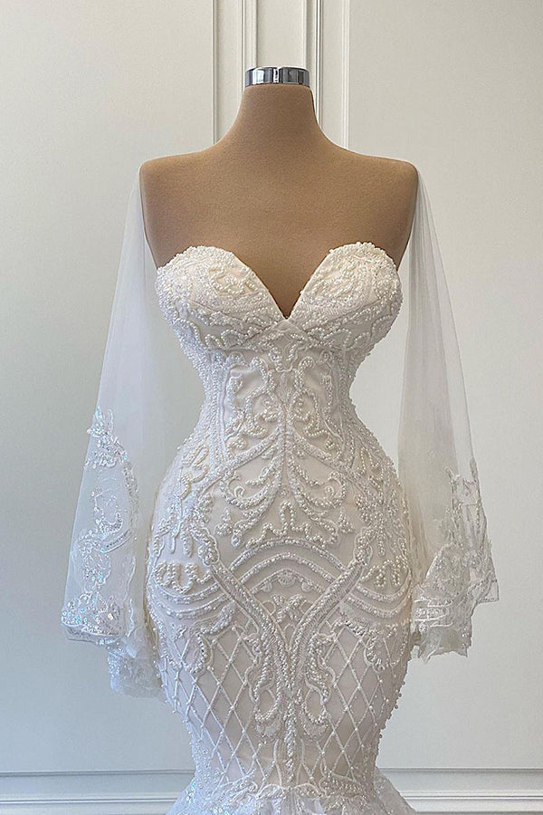 Long Mermaid Sweetheart Strapless Pearls Beadings Lace Wedding Dress with Sleeves-showprettydress