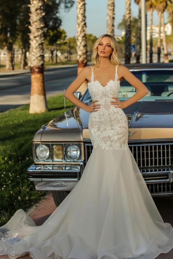 Long Mermaid Sweetheart Tulle Lace Backless Wedding Dress-showprettydress