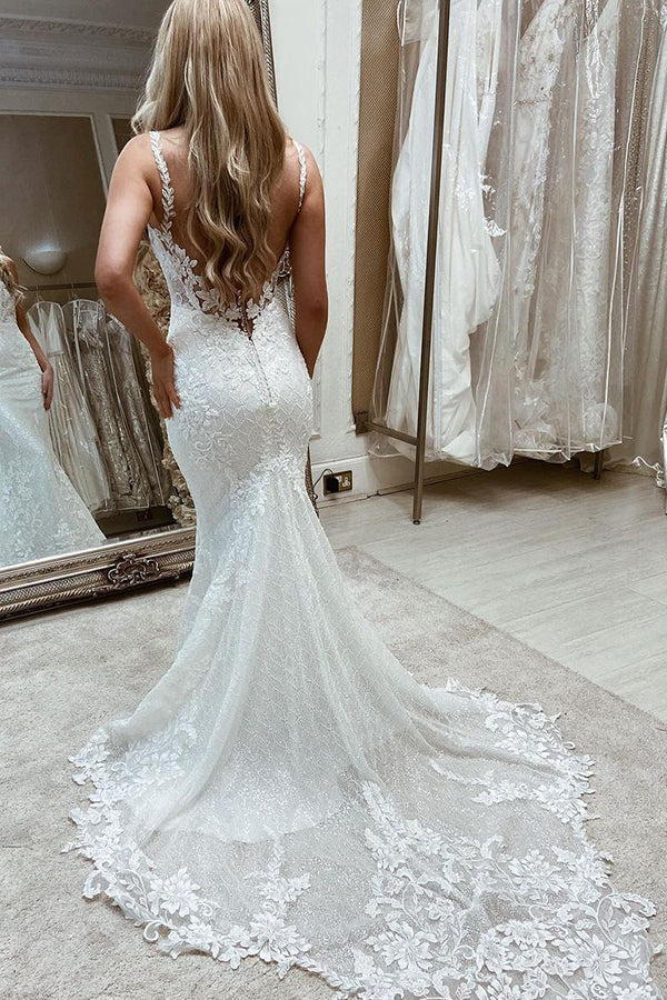 Long Mermaid Tulle Sleeveless Backless Wedding Dresses with Appliques Lace-showprettydress