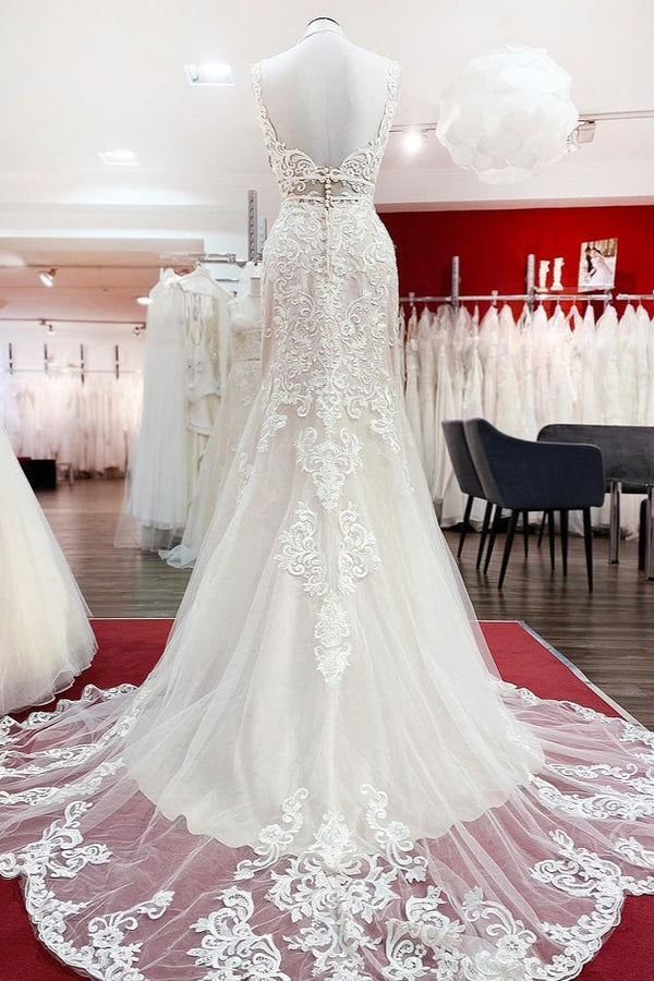 Long Mermaid Tulle Sleeveless Lace Backless Wedding Dress-showprettydress