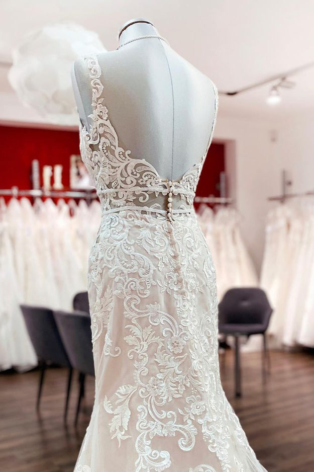 Long Mermaid Tulle Sleeveless Lace Backless Wedding Dress-showprettydress