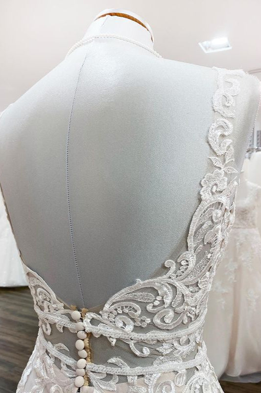 Long Mermaid Tulle Sleeveless Lace Backless Wedding Dress-showprettydress