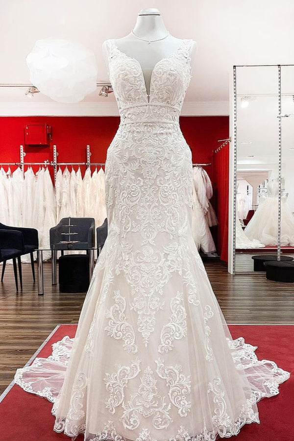 Long Mermaid Tulle Sleeveless Lace Backless Wedding Dress-showprettydress