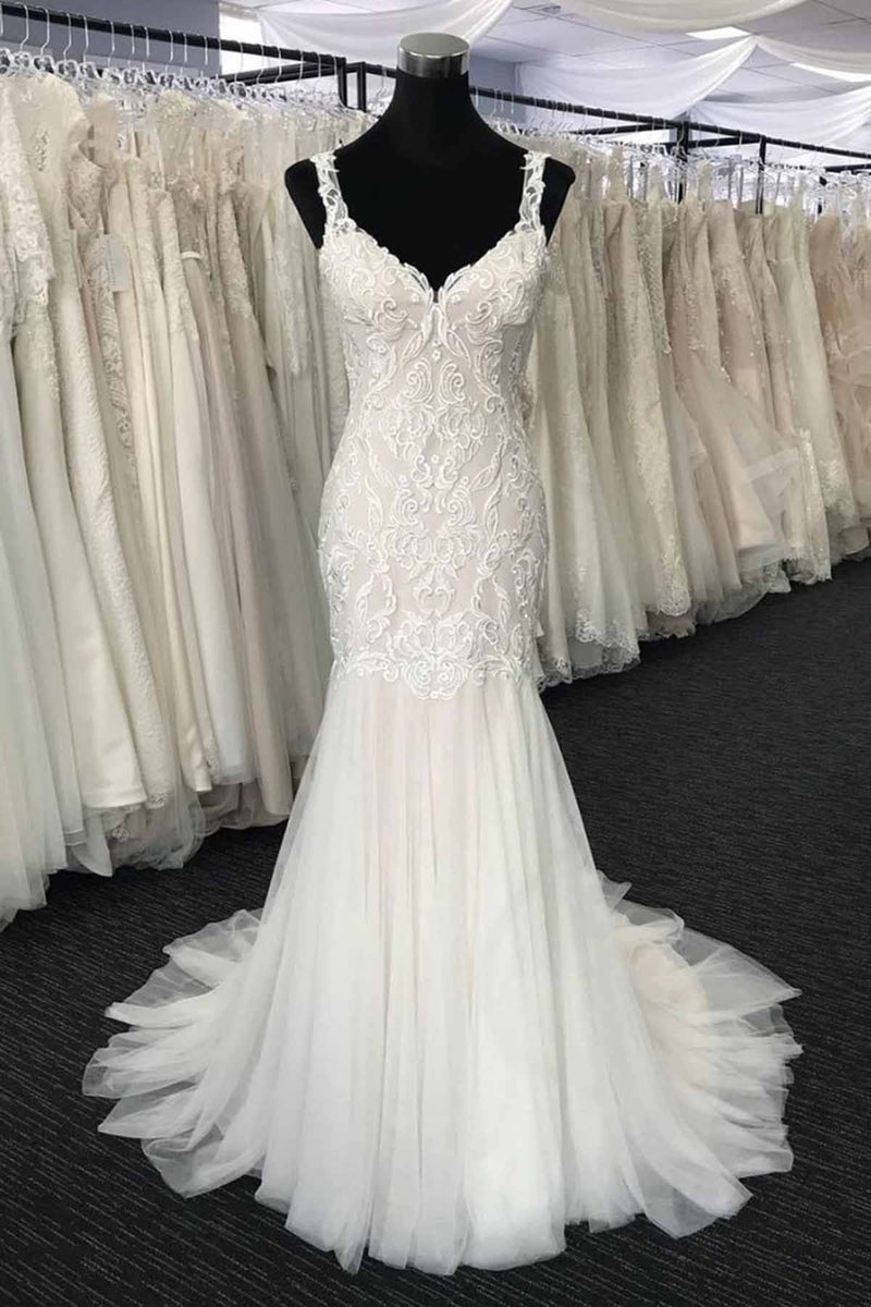 Long Mermaid Tulle V Neck Lace Wedding Dress-showprettydress