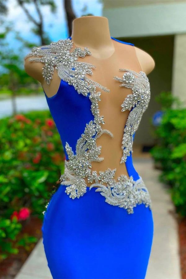 Long Mermaid V-neck Appliques Lace Sequined Open Back Sleeveless Prom Dress-showprettydress