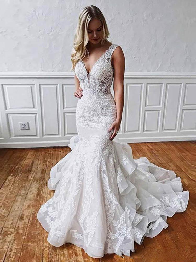 Long Mermaid V Neck Backless Lace Wedding Dresses-showprettydress