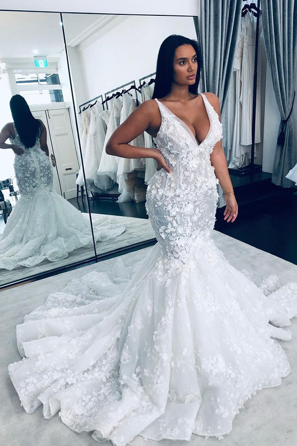Long Mermaid V-neck Floral Beaings Straps Backless Wedding Dress-showprettydress