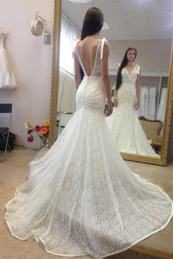 Long Mermaid V Neck Lace Open Back Wedding Dress-showprettydress