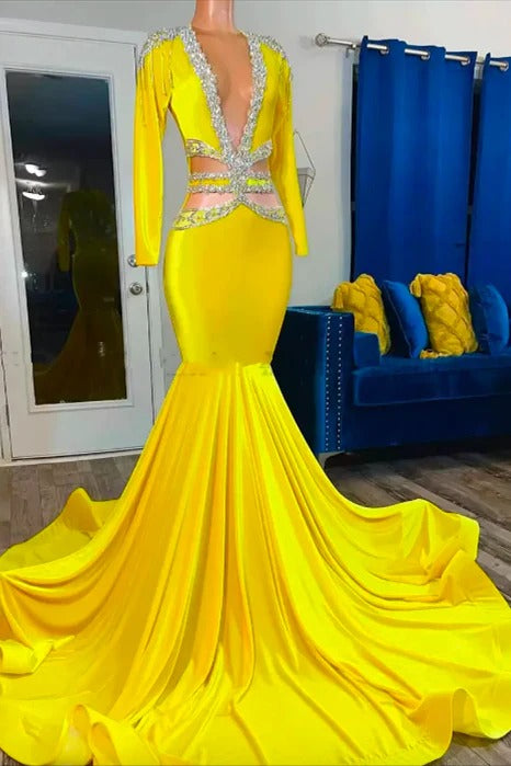 Long Mermaid V-neck Lace Sequined Beaded Prom Dress with Sleeves-showprettydress